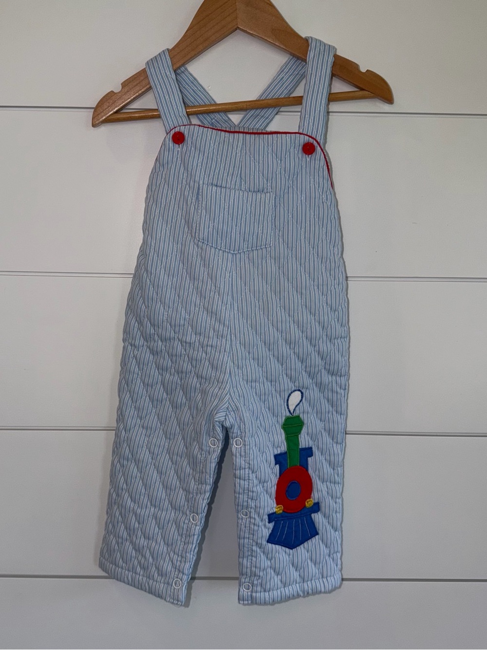 Vtg 80s Quilted Baby Overalls 12M Blue Stripe Train Applique Retro Kids Jon Jon